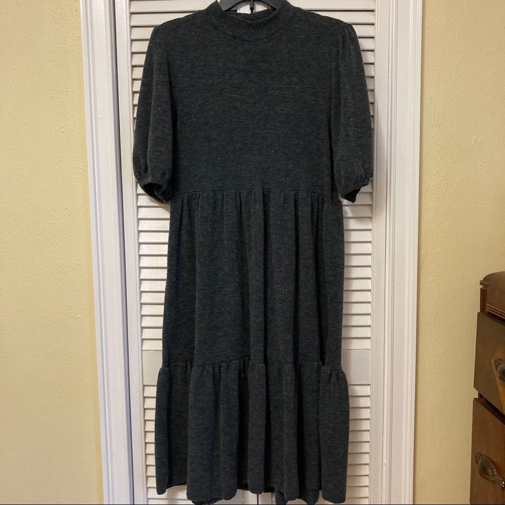 Puffed sleeve, mock neck midi dress